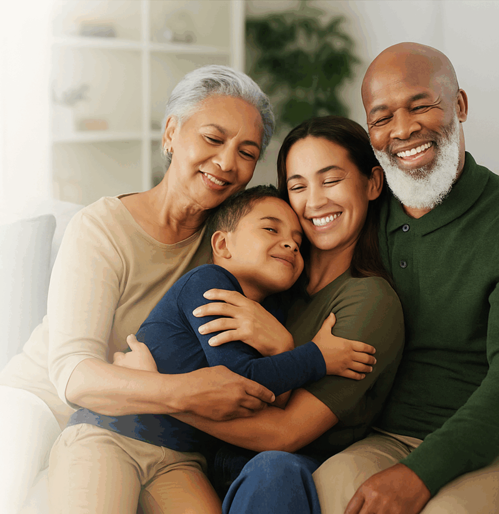 Smiling grandparents and child sitting together, showing family warmth and care.